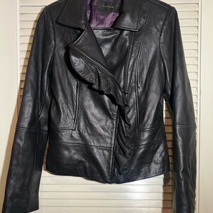 Tahari Black Leather Jacket with Ruffle Accent